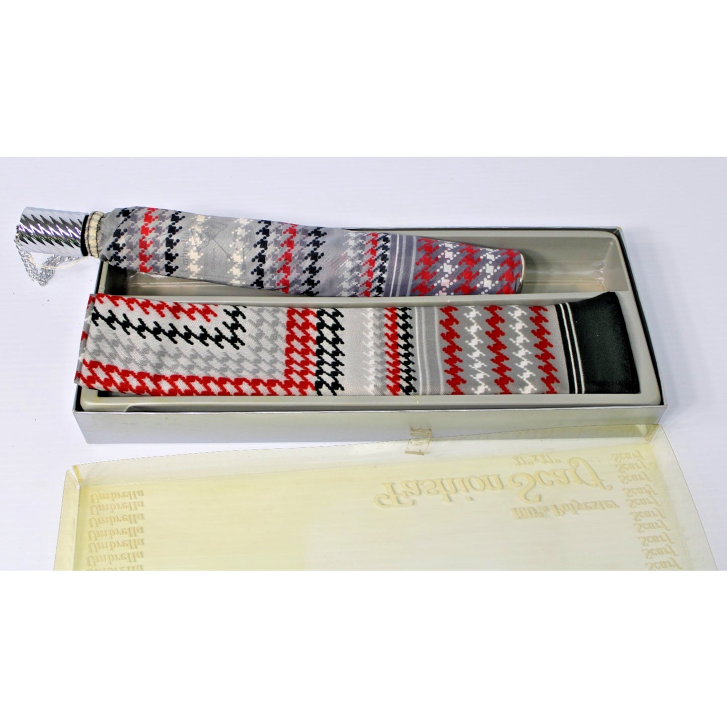Vintage NOS Umbrella and Fashion Scarf Set, Black White Red Grey Houndstooth
