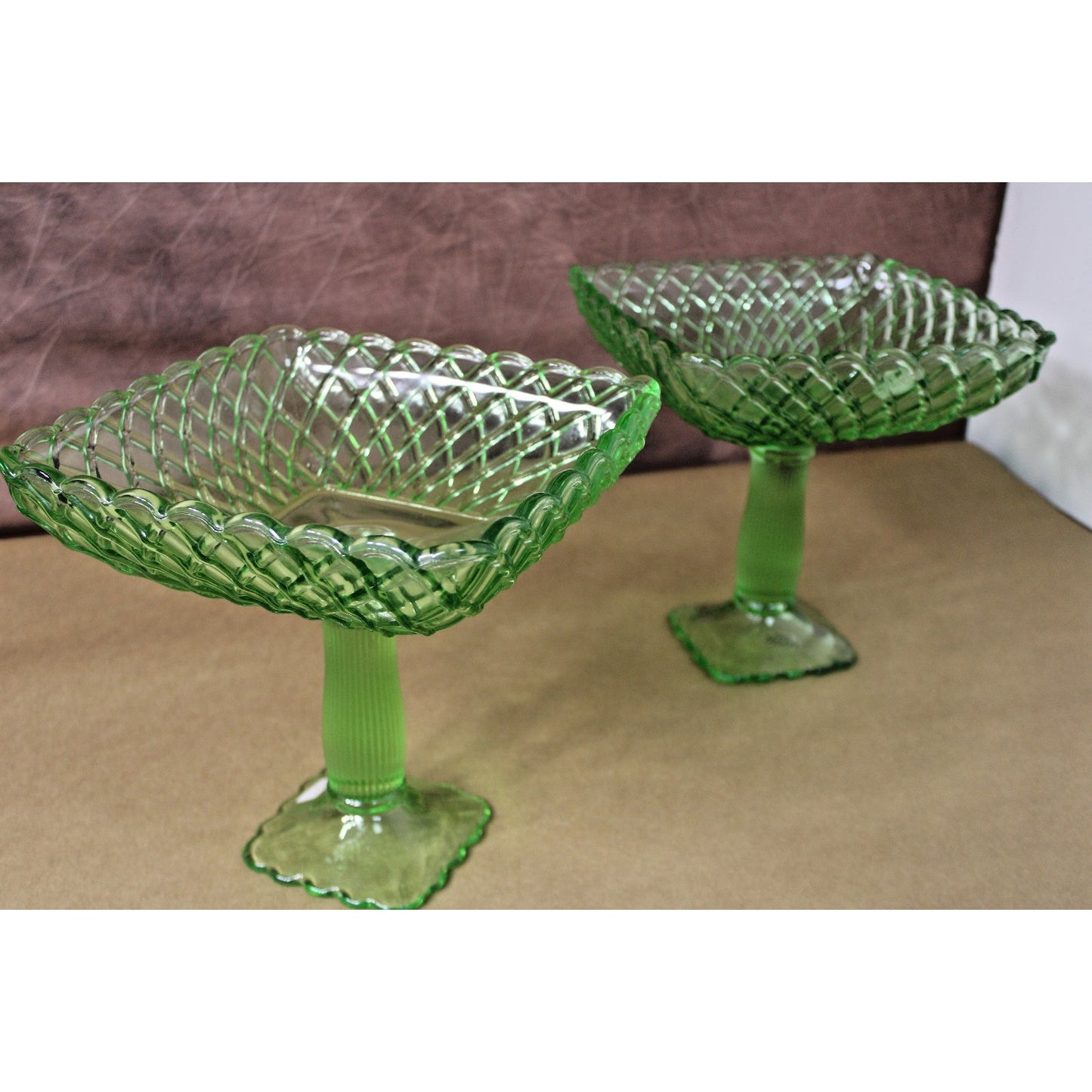 LE Smith Glass 1960 Green Compote Trellis Pressed Pedestal Bowl Pair 8 ½" x 8 ½"