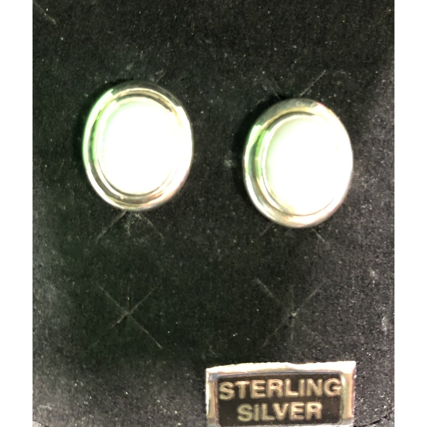 Vintage Sterling Silver Oval White Cabochon Stone Post Earrings Gift Box