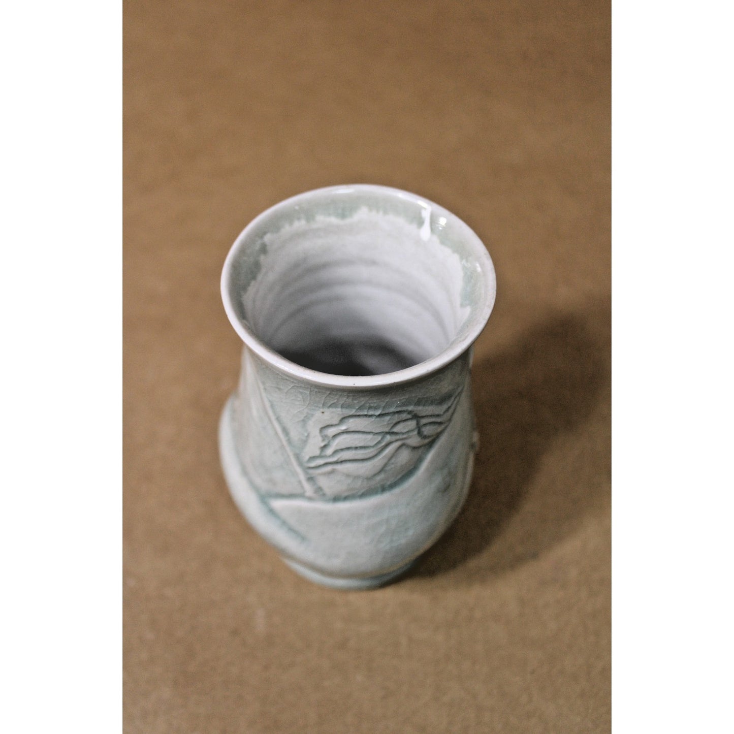 Vintage 5-inch Celadon Vase with Raised Relief Abstract Design, Unmarked