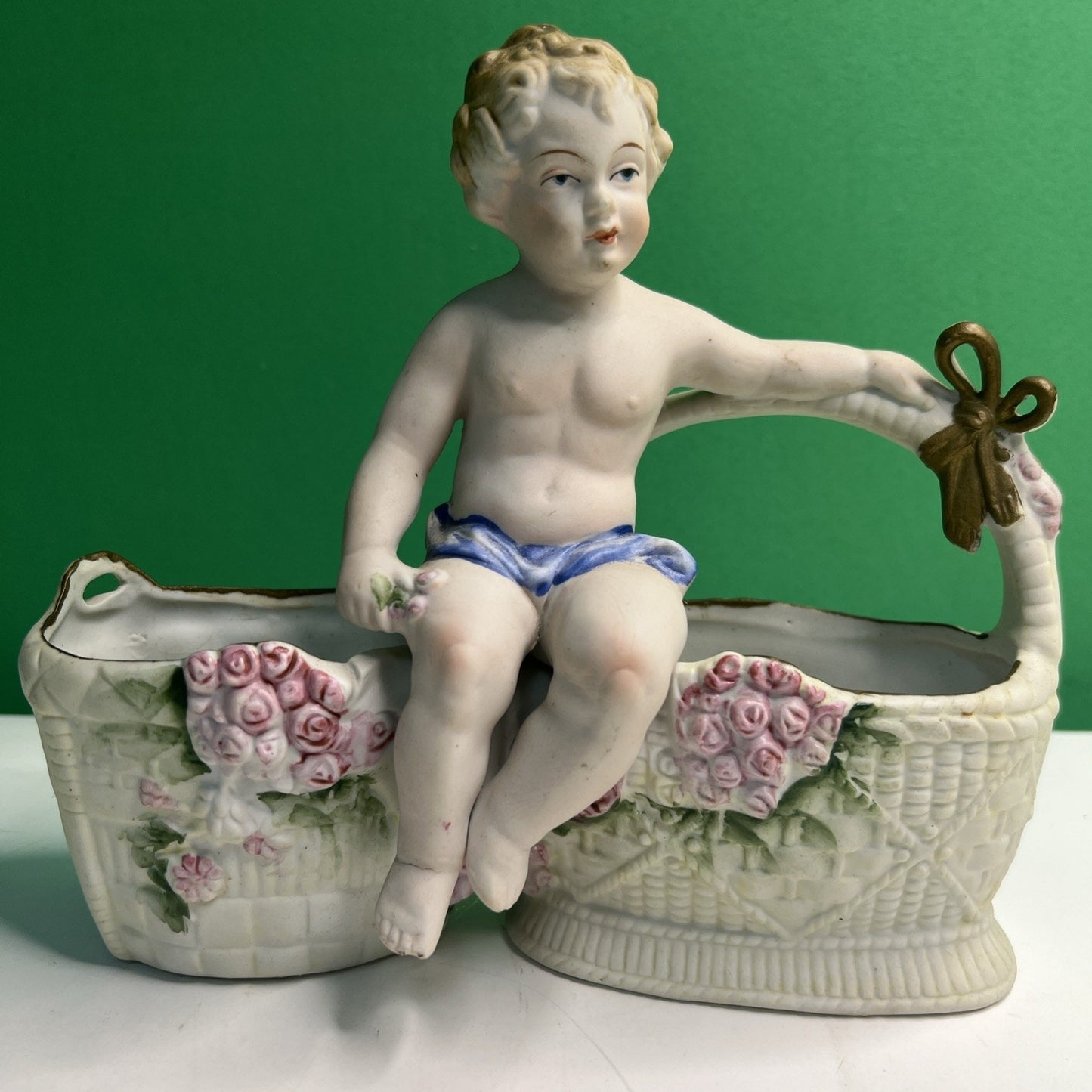 Antique Hal Sey Fifth Ave Cherub Bisque Figural Double Planter