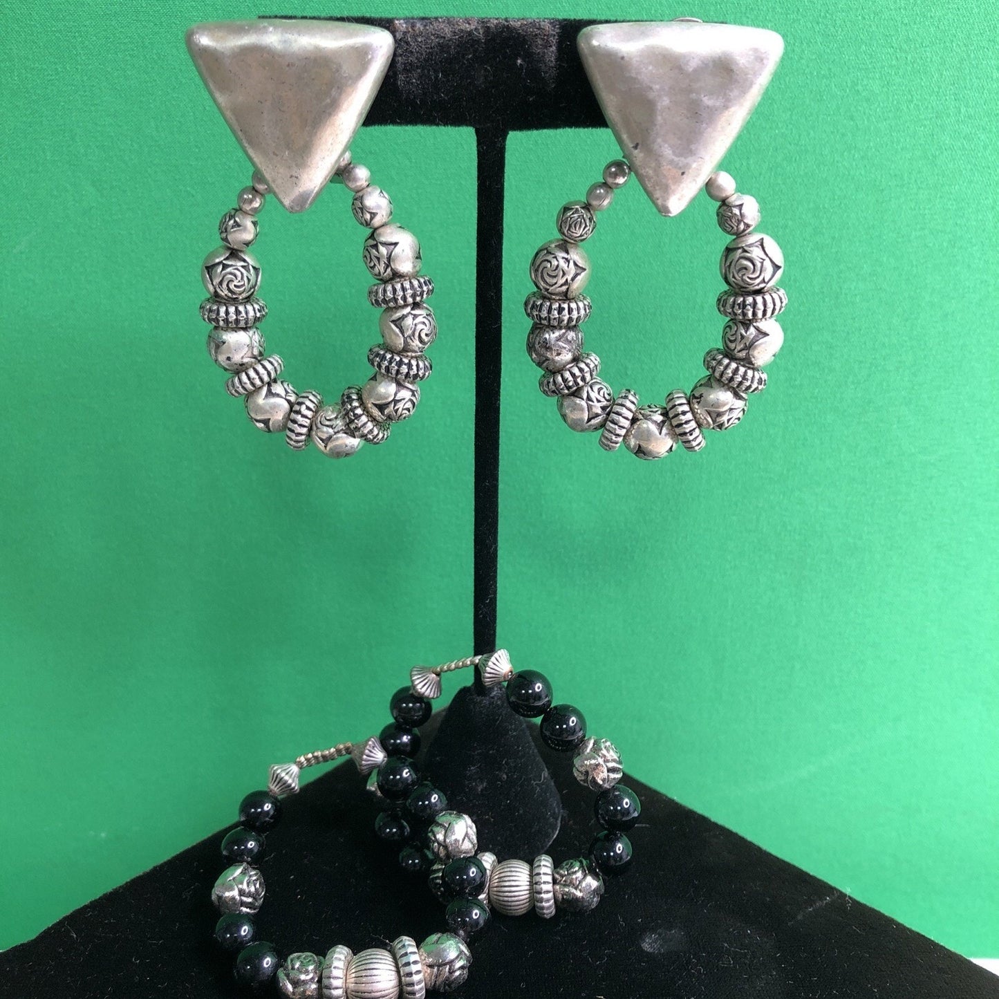 Vintage Mexican Silver Style Pierced EARRINGS w/ Interchangeable Beaded Dangles