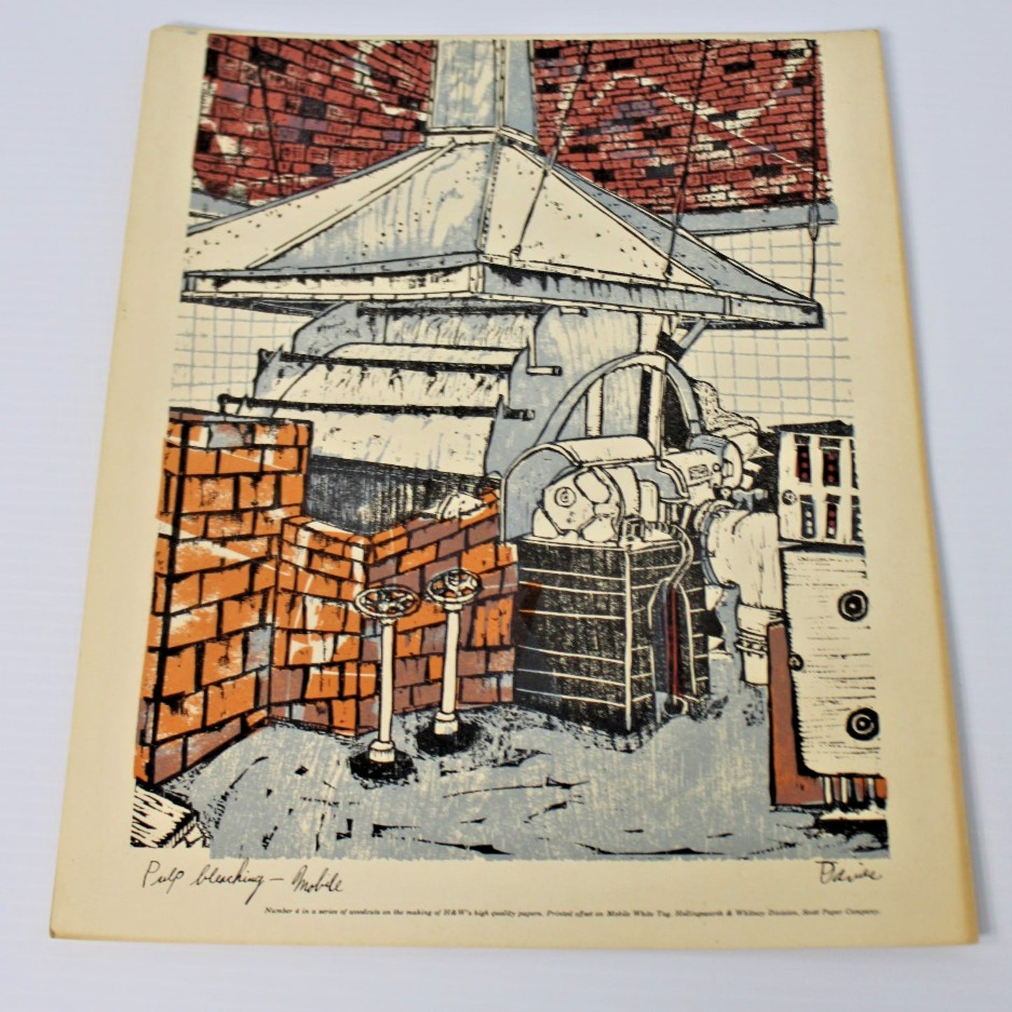 Vintage Woodcut by Ted Davies- Scott Paper Co. Mobile, AL Pulp Bleaching 14"x11"