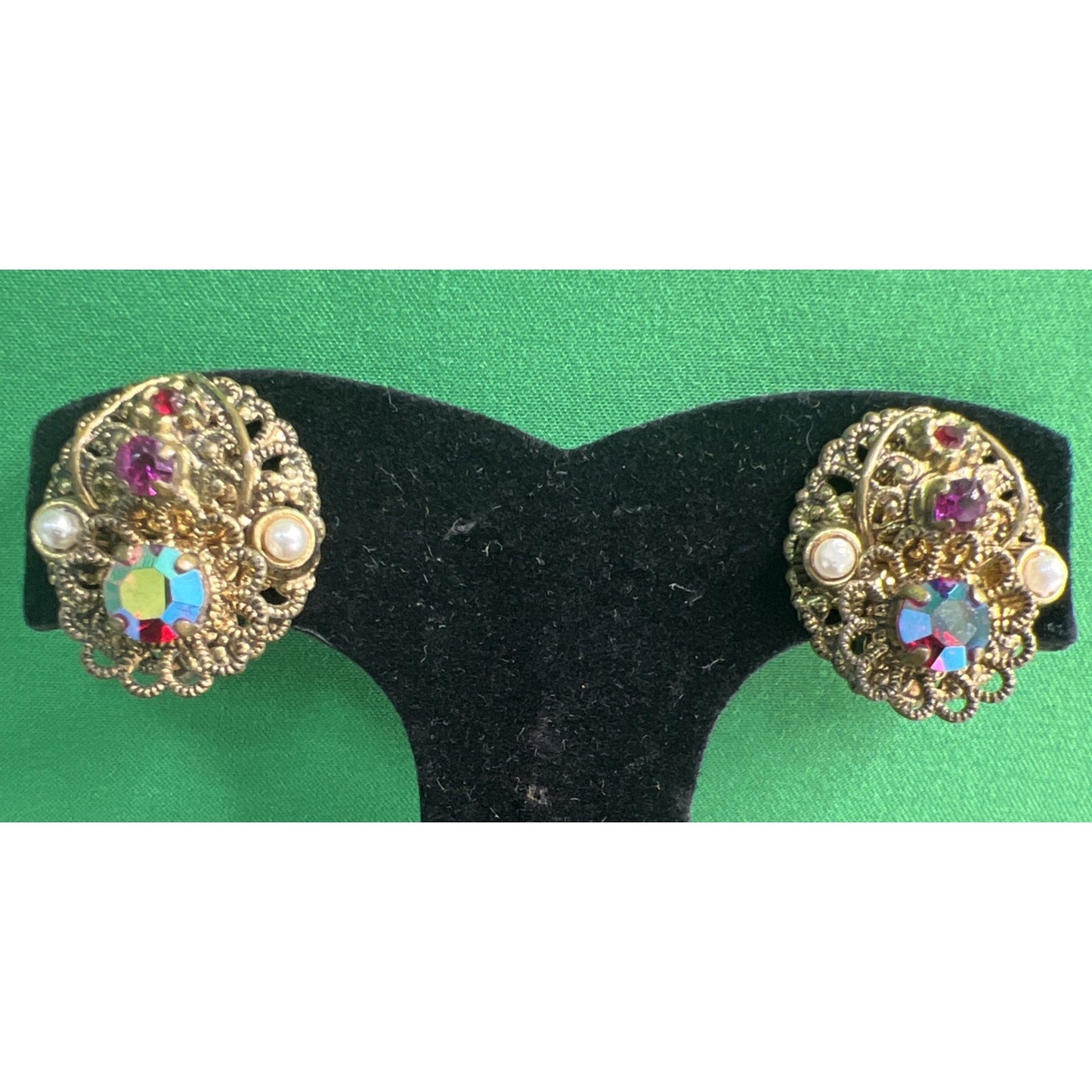Antique Filigree West Germany Brass ClipOn Earrings w/ Faux Pearls & Rhinestones