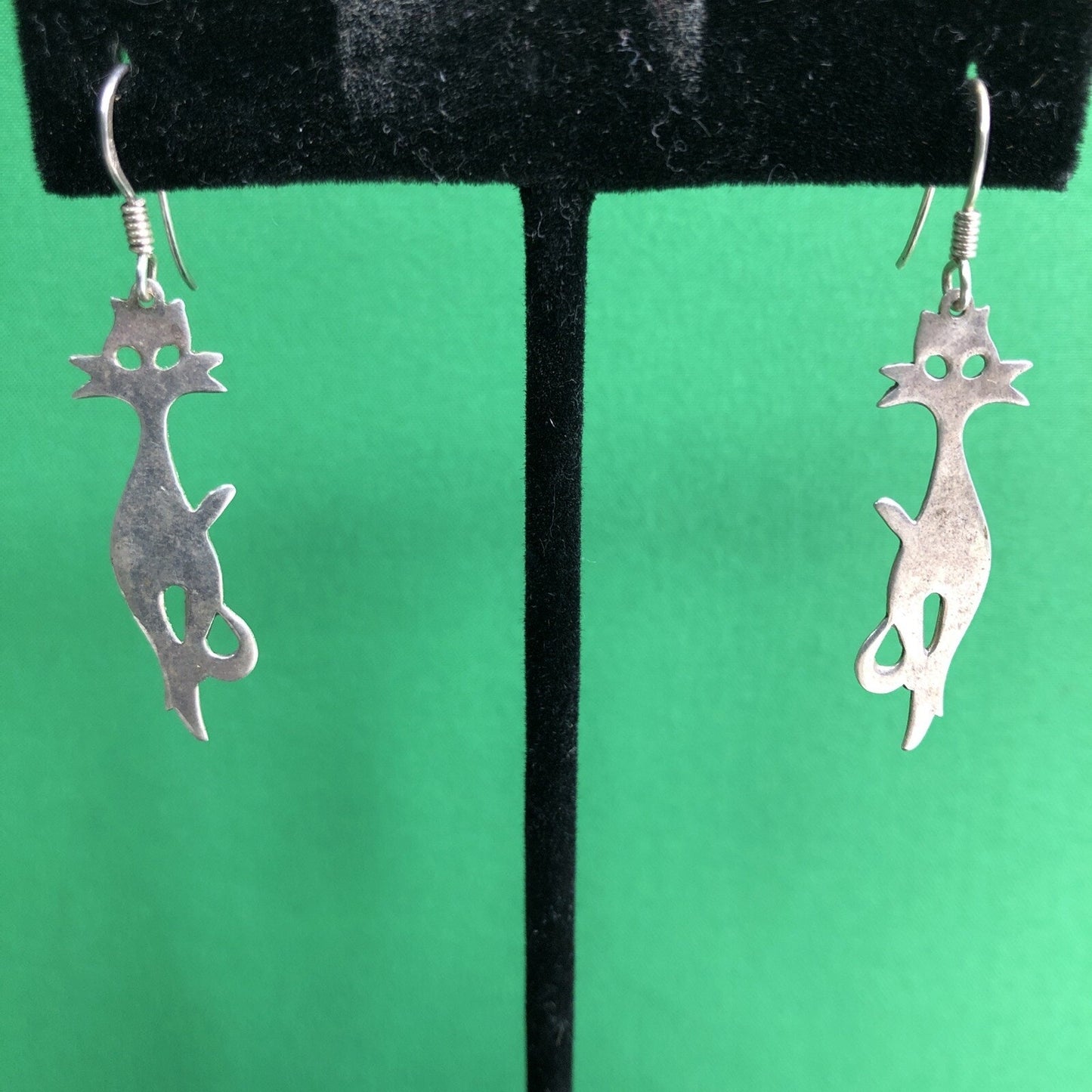 Vtg Mexican .925 Silver MCM Mod CAT Kitty Earrings Stamped Pierced Hook Wire