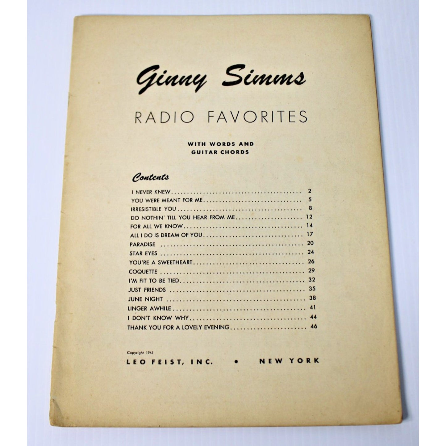 1945 Sheet Music Booklet: Ginny Simms Radio Favorites w/ Words & Guitar Chords