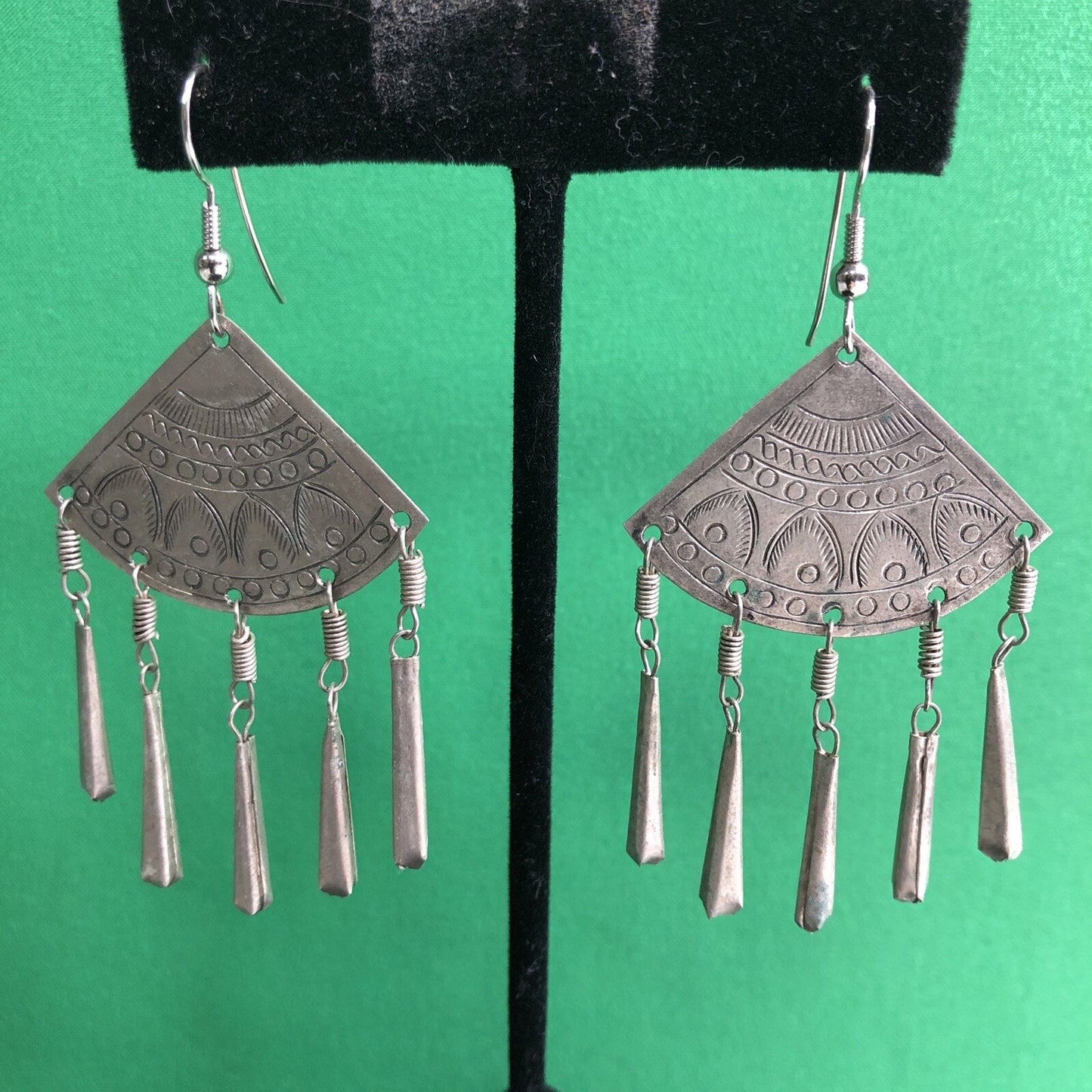 Vtg Mexican Silver Fan Dangles Drop Earrings Stamped Detail Pierced Hook Wire