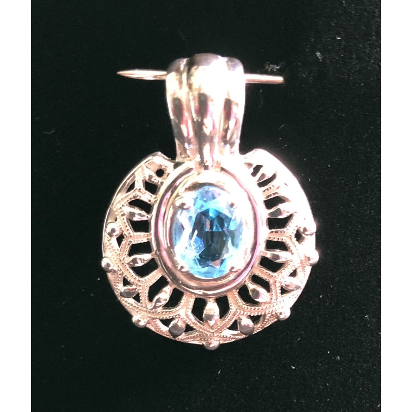 Openwork Filigree Blue Topaz Pendant Signed CNA Sterling Silver 925