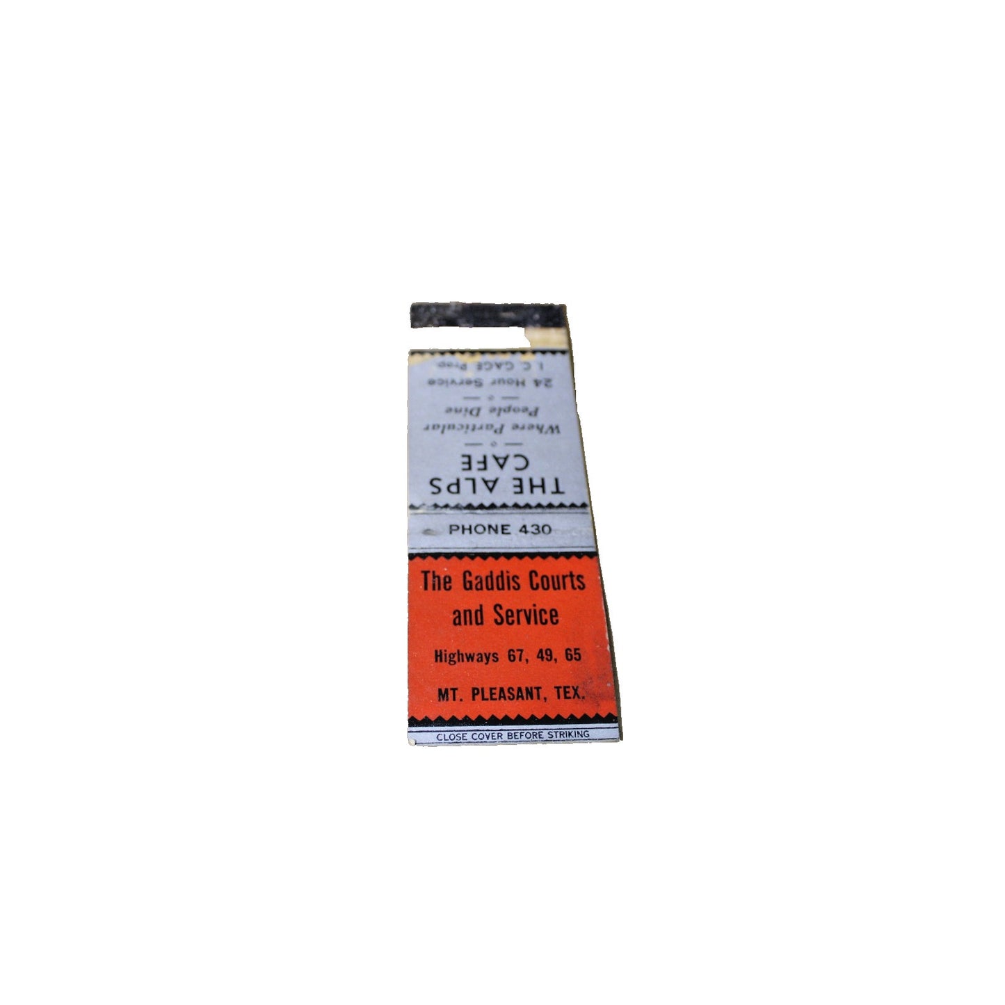 Vintage Mid Century Matchbook Cover, Mt Pleasant Texas, Alps Cafe