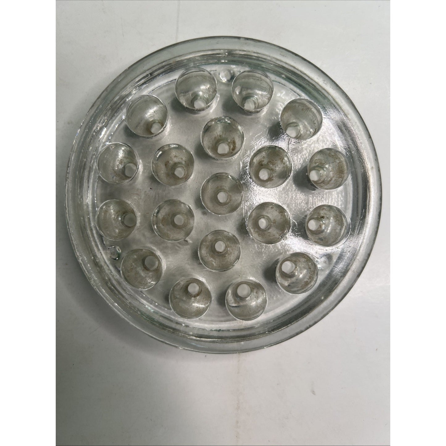 Vtg Clear Glass Flower Frog 19 Hole 5 In Heavy Round Floral Arranger