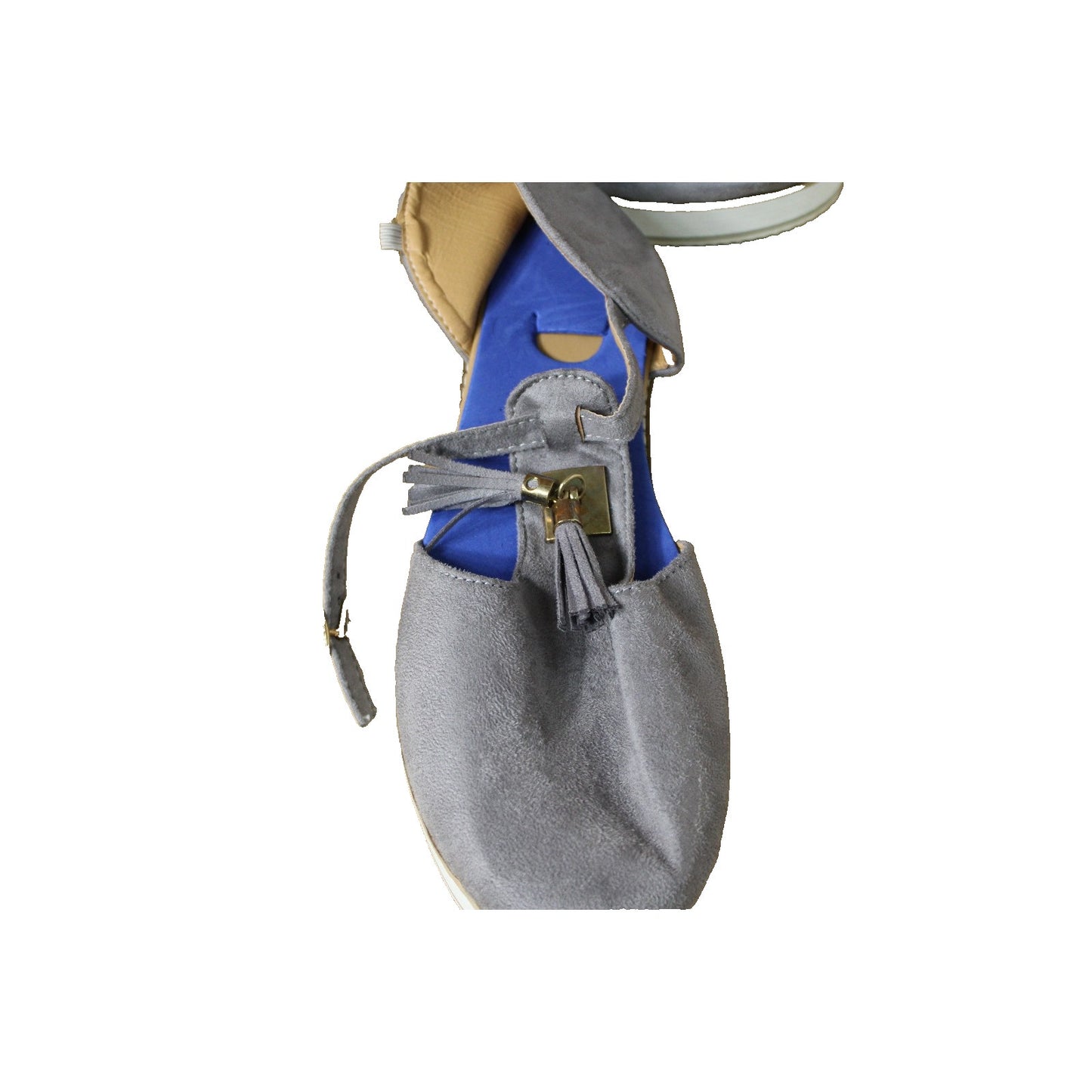 Grey Suede Casual Ladies Sz. 8 Flats with Tassels Ankle Strap Platform