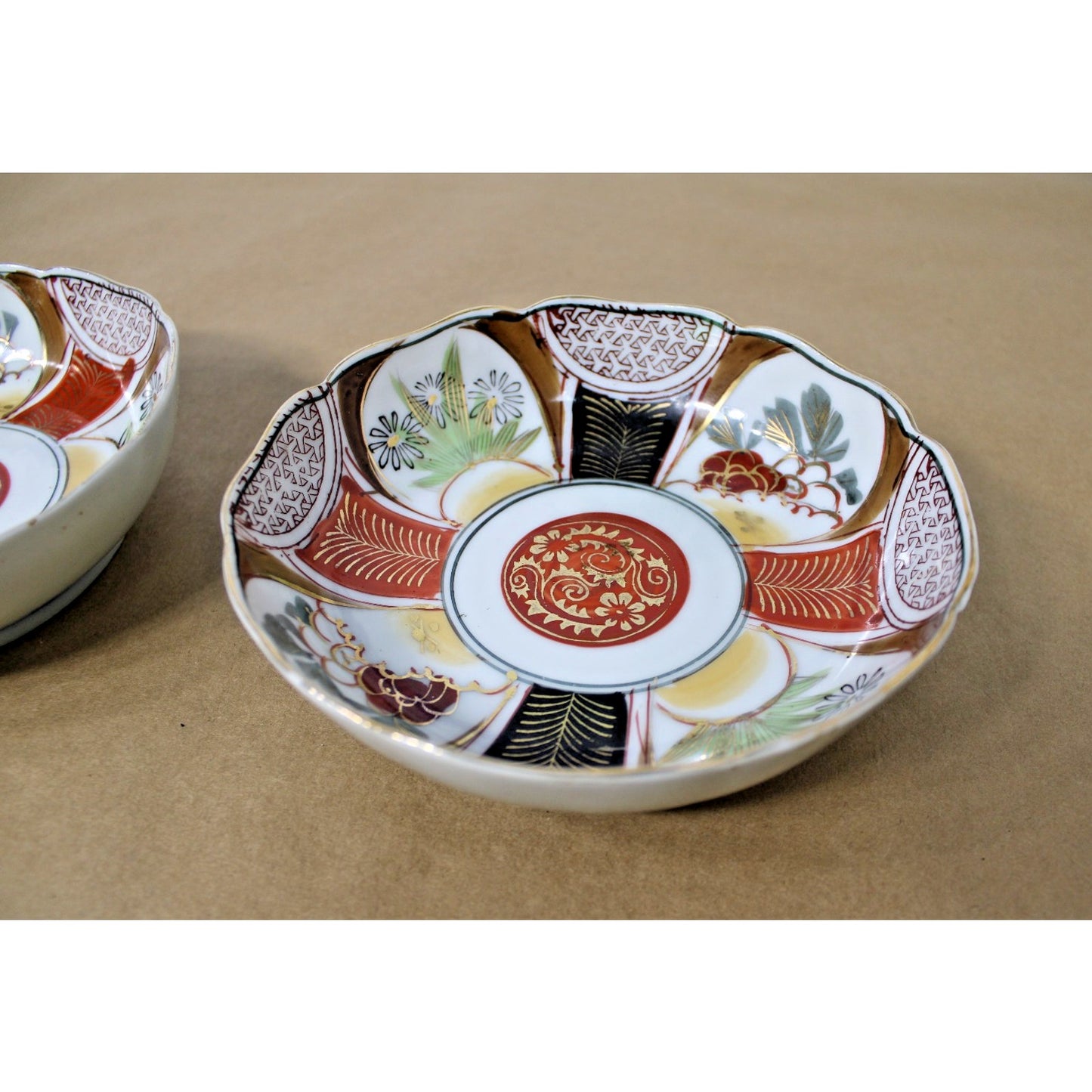 Pair of Antique 19th Century Imari Low Bowls w/ Scalloped Edges, 6" D.