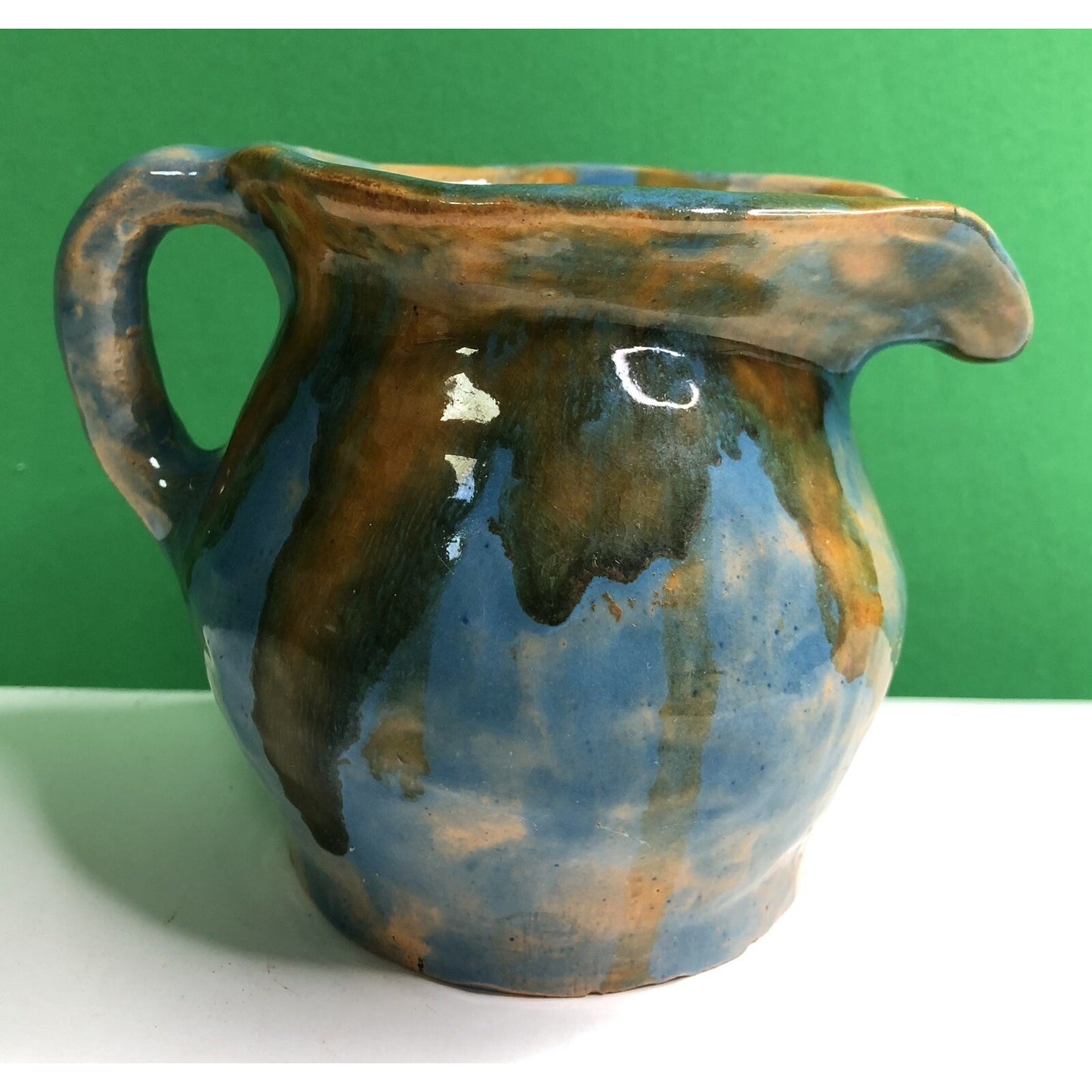 1940 Fairhope AL Art Pottery Pitcher Creamer By Georgia Drip Glaze Blue Orange