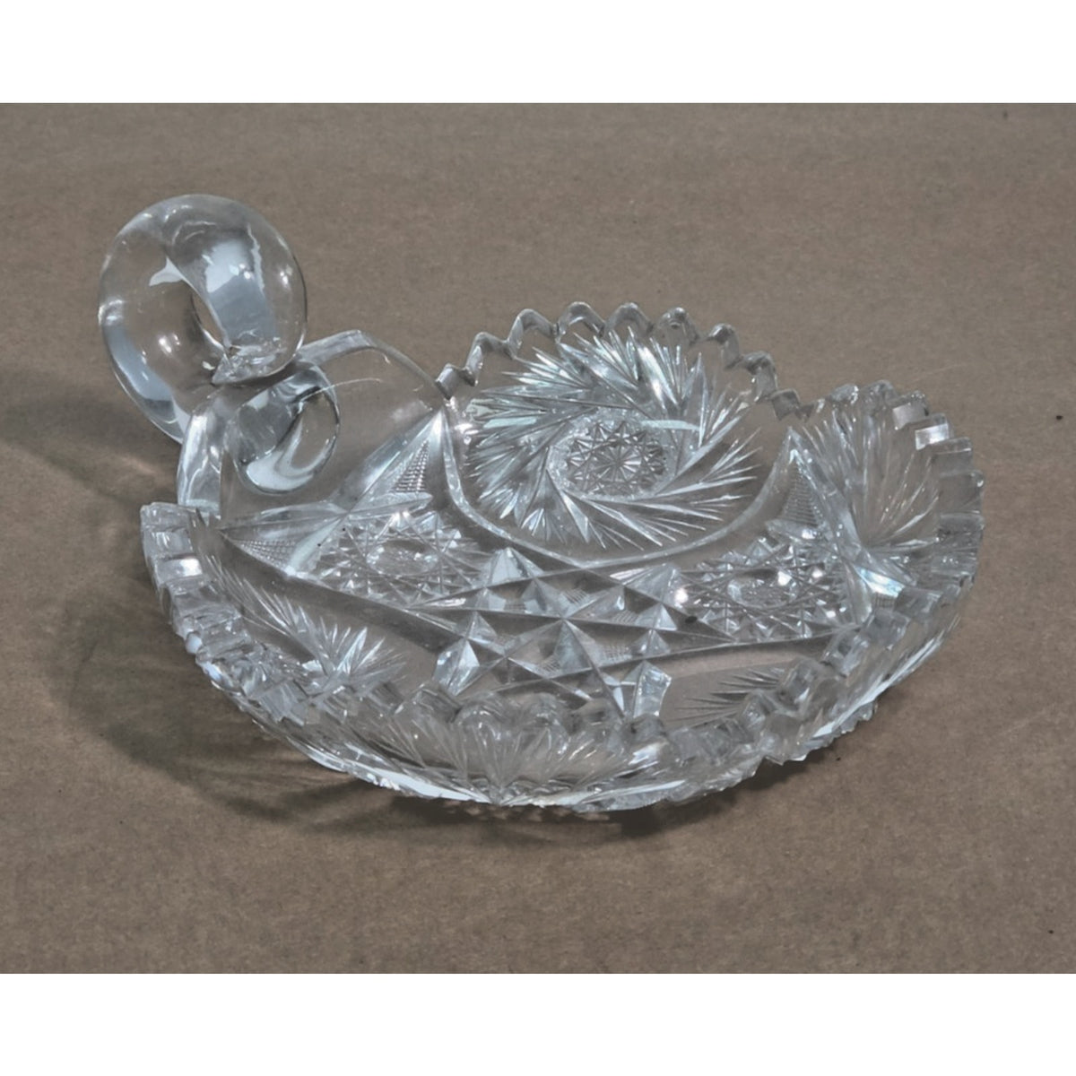 Vintage Cut Crystal Pinwheel Handled Nappy Dish Candy Bowl 6"