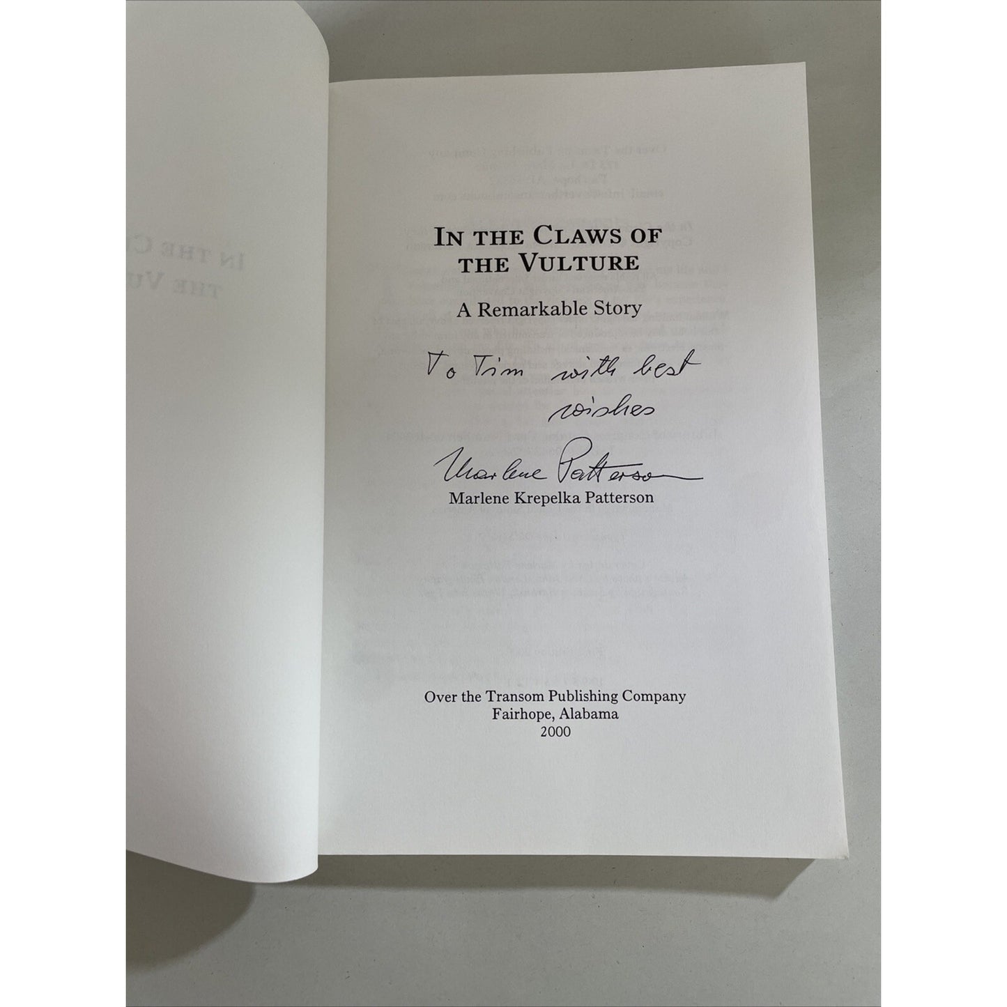 In the Claws of the Vulture Marlene Patterson Daphne Alabama SIGNED BY AUTHOR PB