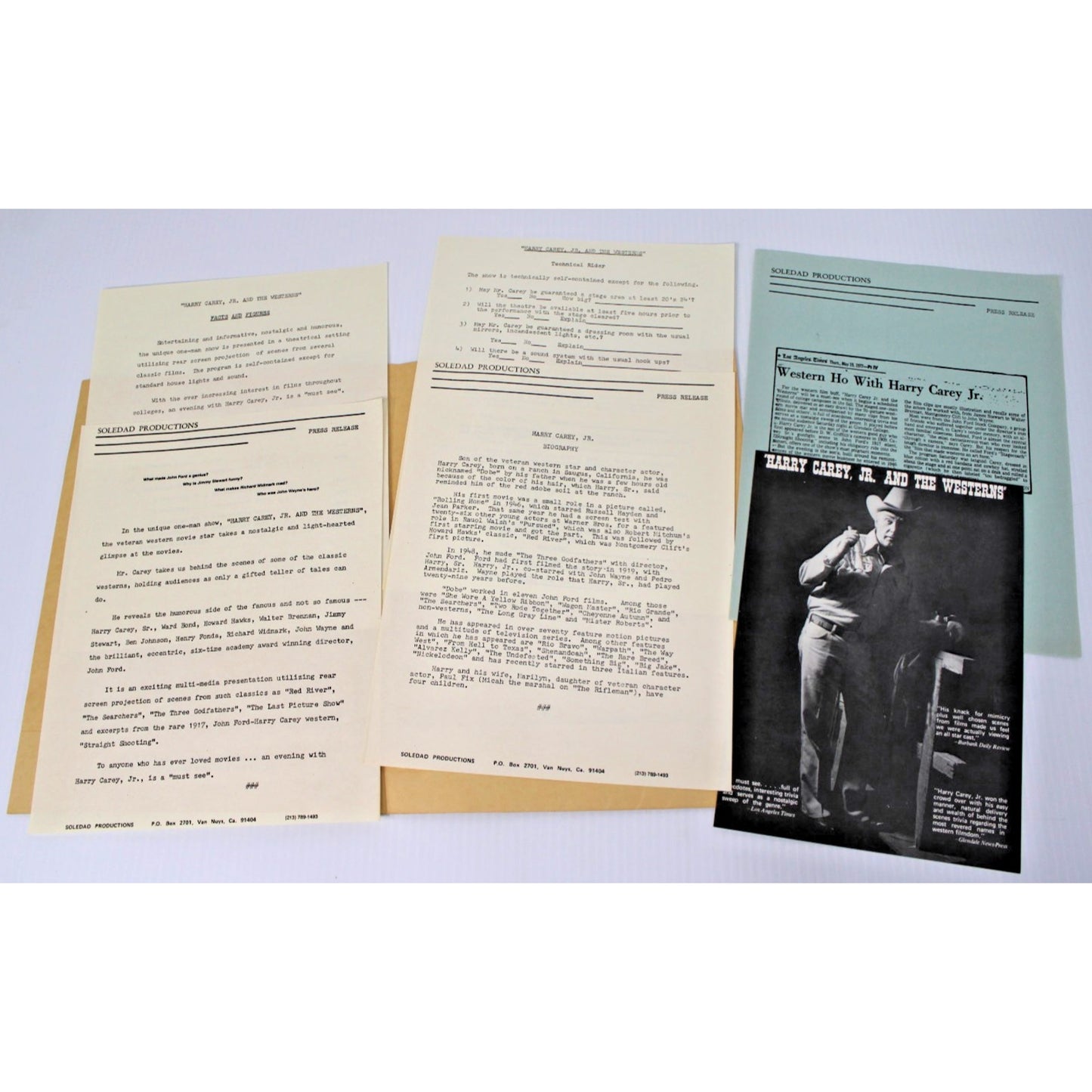 Harry Carey, Jr. & the Westerns Media Kit 1978 One Man Show Rider, Press Release