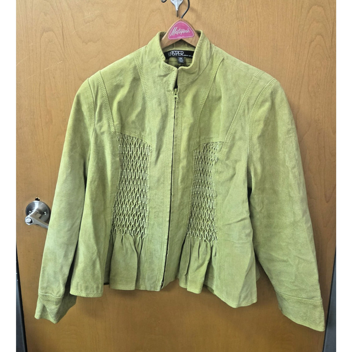 Vintage Kasper 2X Chartreuse Lime Green Suede Peplum Jacket Smocked Leather