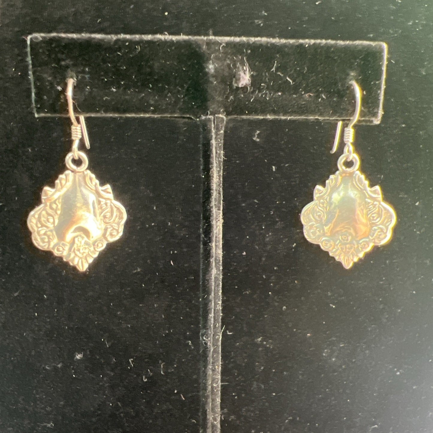 Vintage Ornate Sterling Silver Shield Medallion Earrings Dangle Drop French Wire