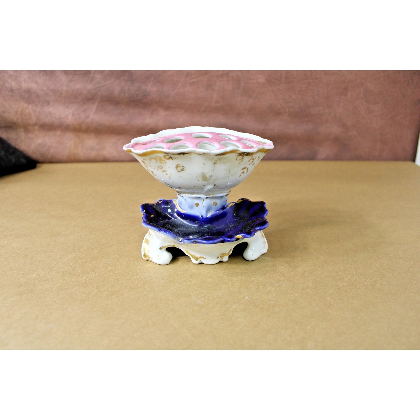 Old Paris Porcelain 4.5" H Vase Gilt Pink Blue Unmarked With Floral Frog