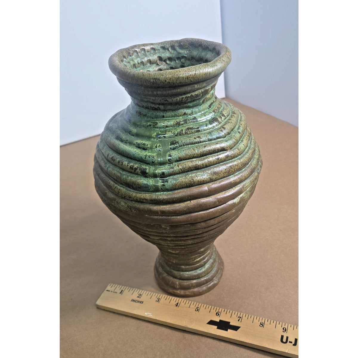 Vintage JDH Brutalist Hand-Coiled Studio Art Pottery Vase – Green & Bronze Drip