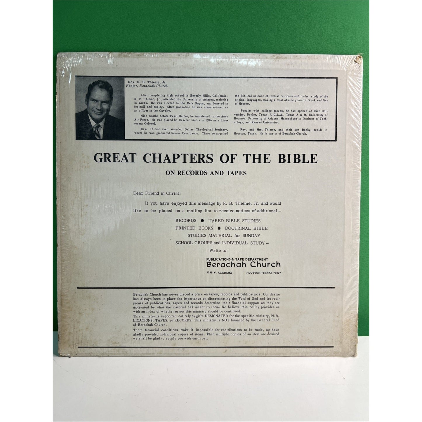 Great Chapters of the Bible Rev. R.B. Thieme Jr. TX & AL Religious LP 16 RPM