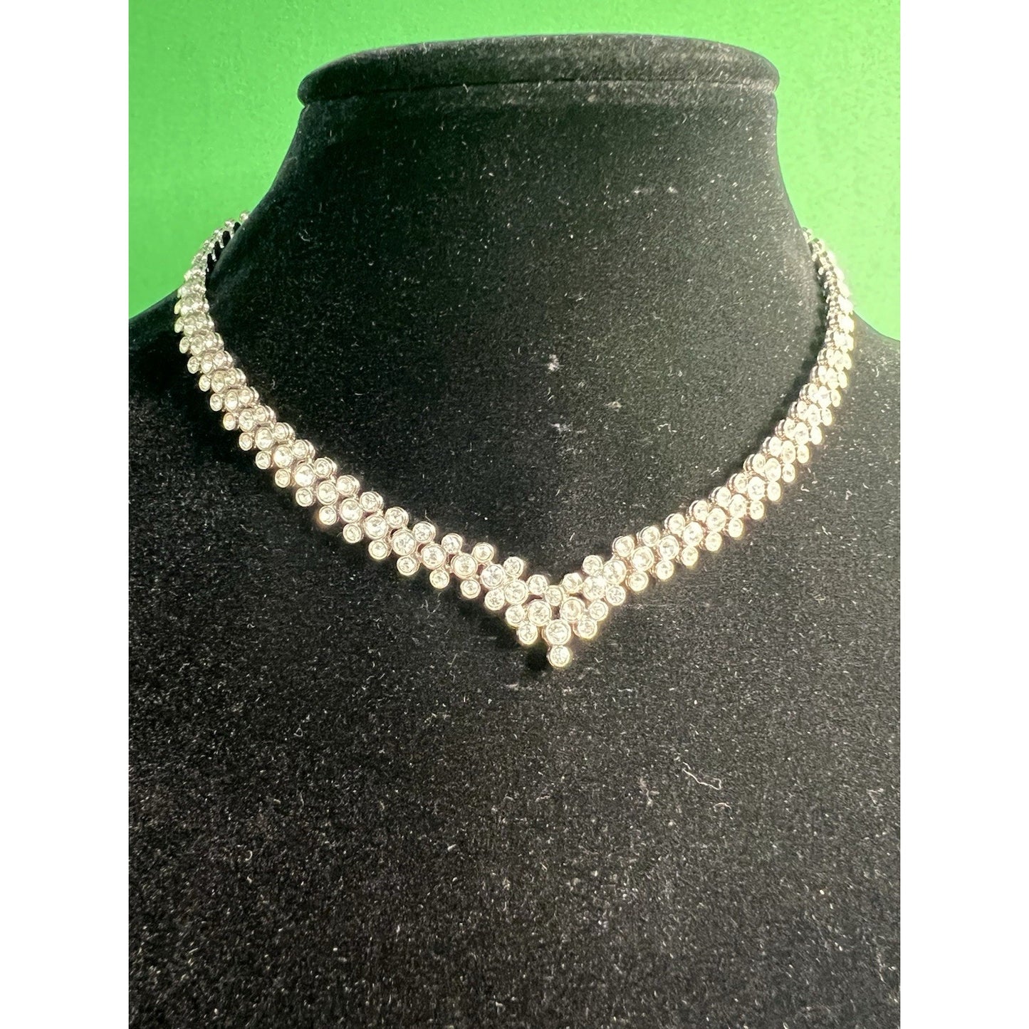 Bezel Set Rhinestone Collar Necklace Triple Layer V Drop 15” Long w/4” Extender
