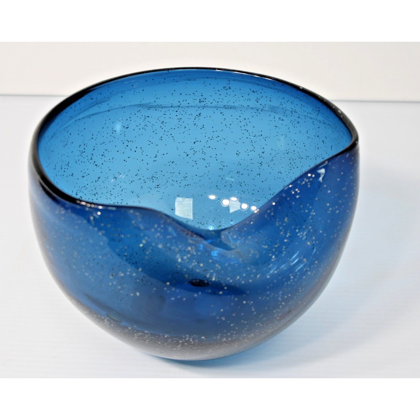 Vintage 60s Mod Blue Glass Vessel with Glitter Flake, Folded Rim Bowl- Gorgeous!