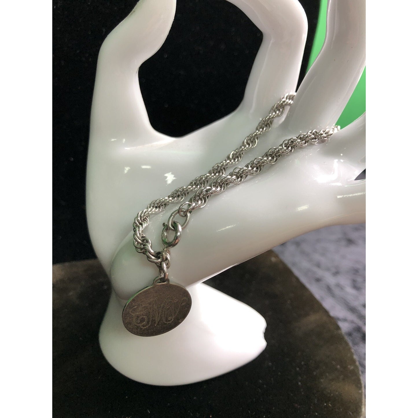 Vintage Sterling Rope Chain Bracelet 7 Inch With Monogrammed Stainless Disc CMV