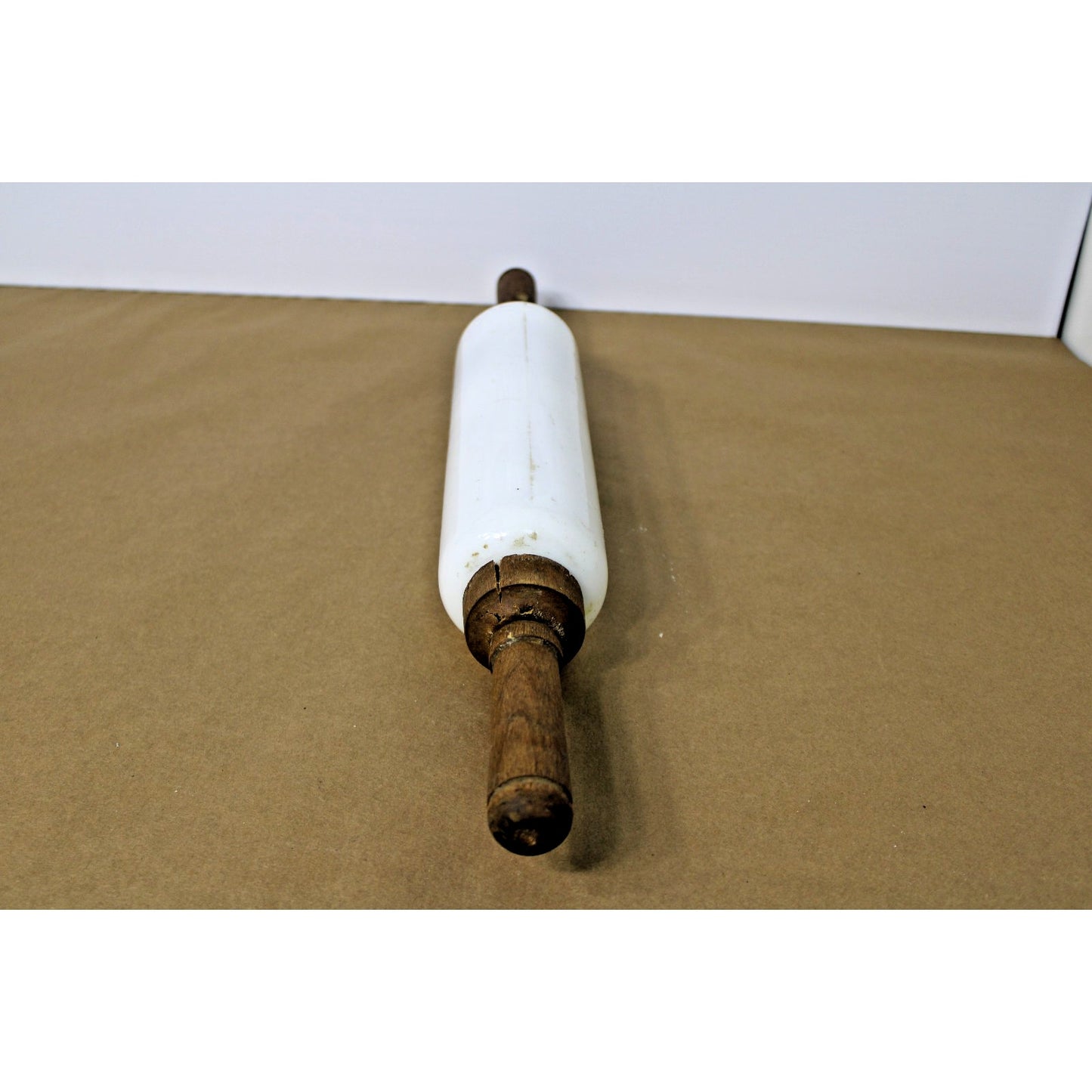 Antique Imperial Mfg White Glass 19" Rolling Pin Wooden Handle Farmhouse Cottage