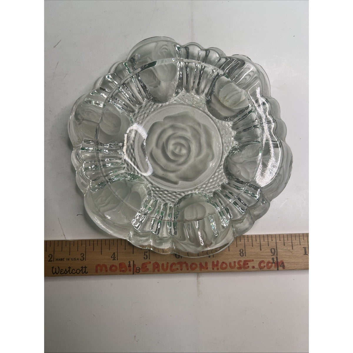 Vintage 1950s 8" Clear Rose Flower Impression Ashtray Pressed Heavy Glass Edges