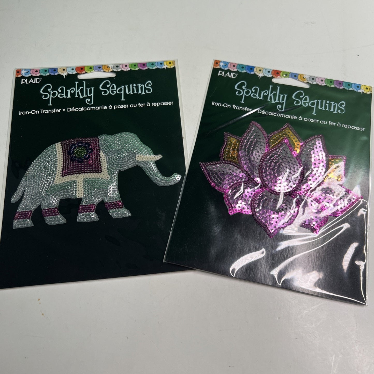 Lot of 2 Plaid Sparkly Sequins Iron on Transfer Lotus Flower & Elephant