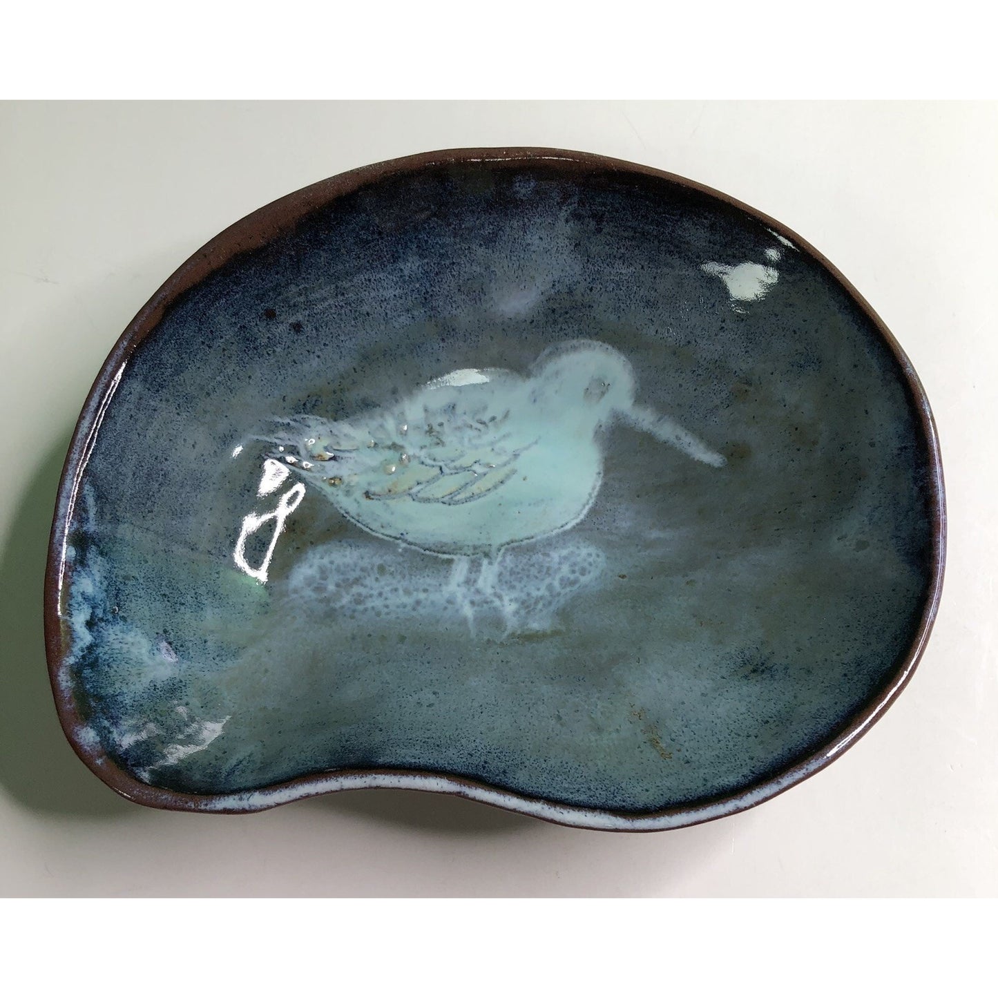 Vintage MCM Freeform DISH Bowl Studio Art Pottery w/ BIRD Blue Glaze Signed M V