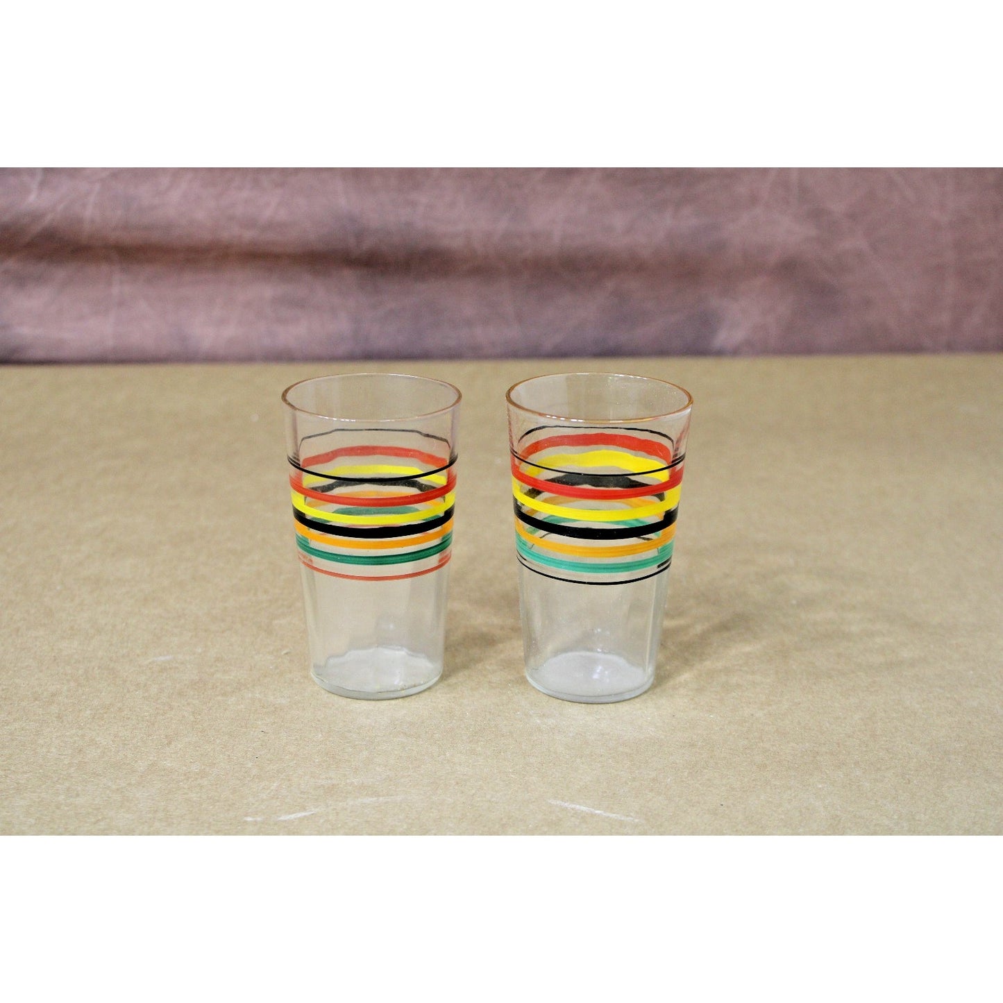 Vintage Rainbow Stripe Glasses, Set of 2, MCM Barware 1950s-60s Retro, 3.75H"
