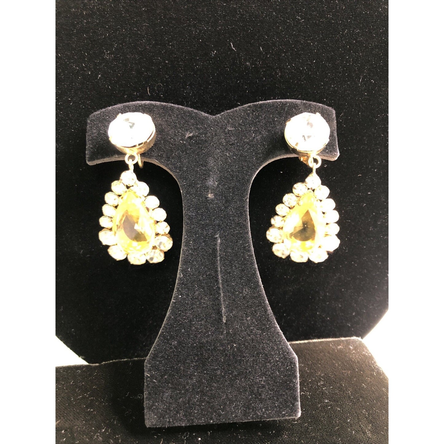 Vintage Showstopper Clip On Earrings Faux Stones Yellow Teardrop & Round Shape