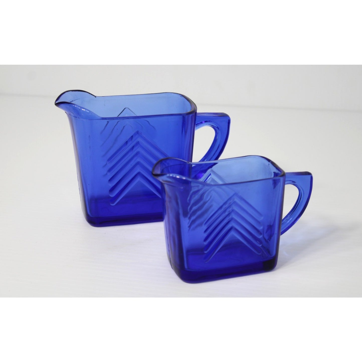 Vintage 1930s Hazel Atla Cobalt Glass, Blue Art Deco Milk & Creamer Chevron Set