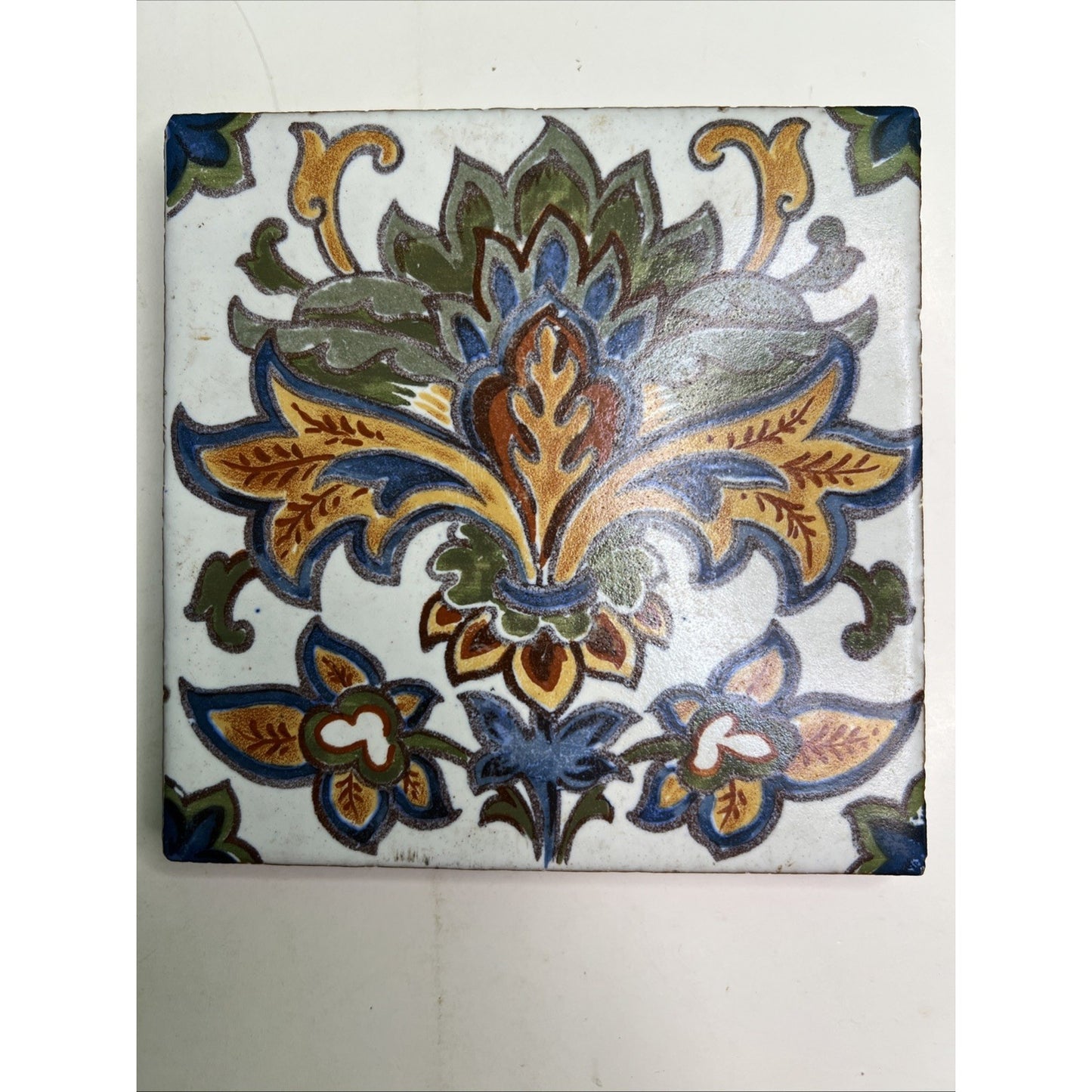 Decorative Ceramic Tile Trivet Spanish Style Hand Painted 6"x6" Minor Chip