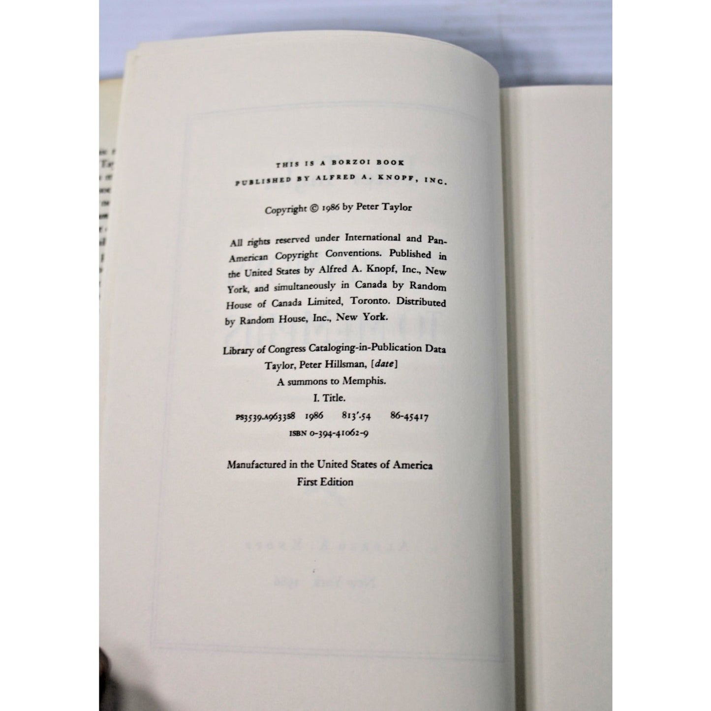 A Summons To Memphis- Peter Taylor, 1986 Stated First Edition- 1st Ed. HC/ DJ