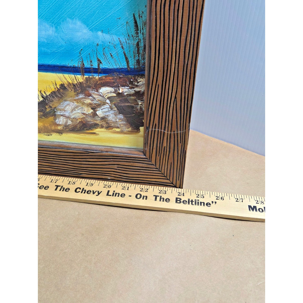 Vintage 1974 Melanie Wesley Signed Coastal Impasto Painting - Rustic Bark Frame