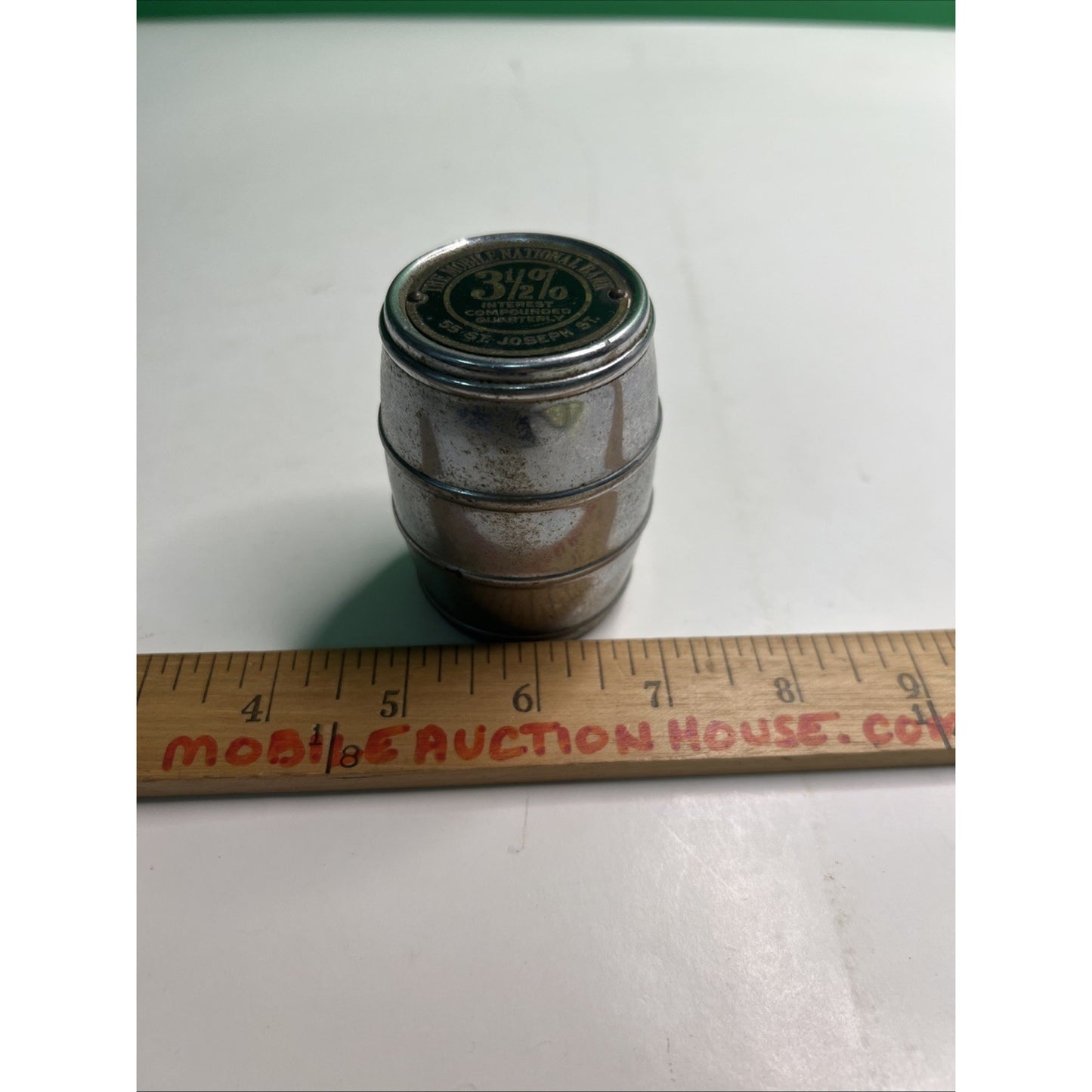 Vintage Advertising Mobile National Bank Chrome Barrel Bank No Key Alabama
