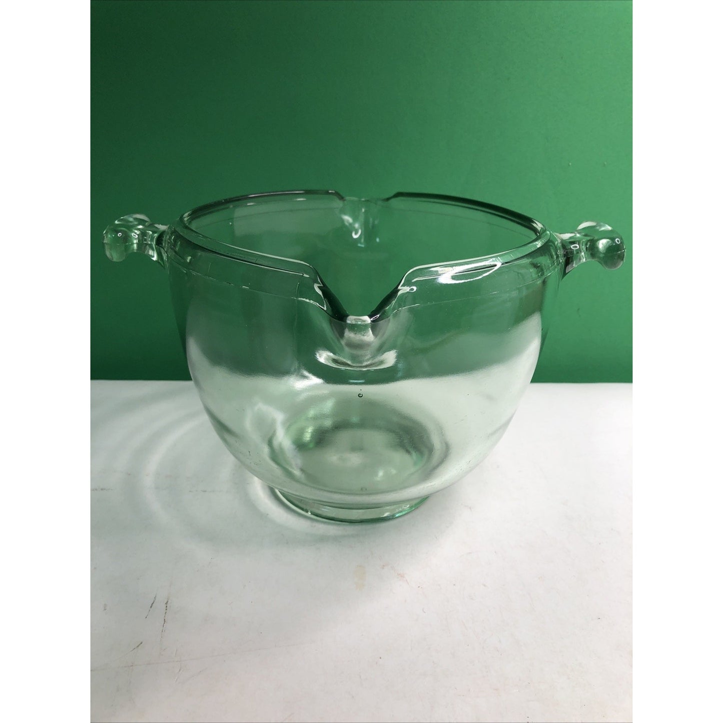 Vintage TUFGLAS Large Mixing Bowl Uranium Glass Double Spout Handled Depression