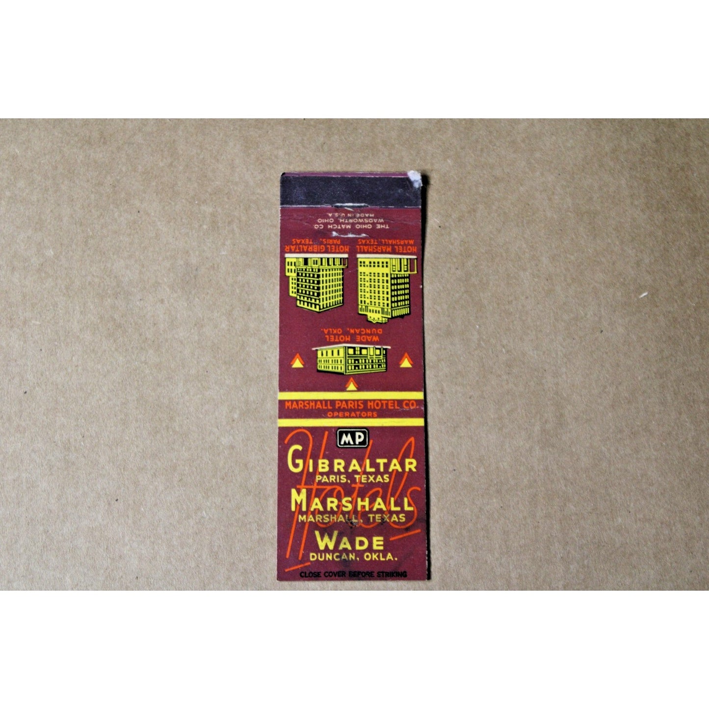 Vintage Mid Century Matchbook, Marshall Paris Hotel Co., Texas and Oklahoma