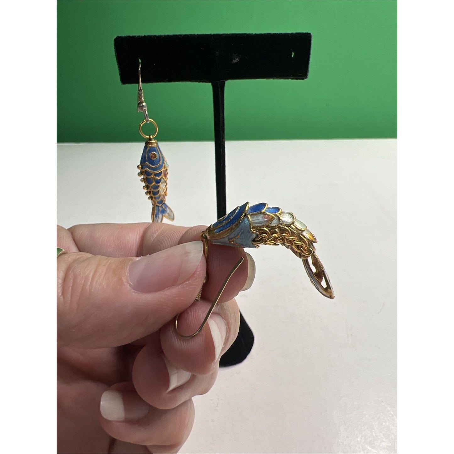 Vintage Articulated Cloisonné Guilloche Enamel Fish Earrings French Wire