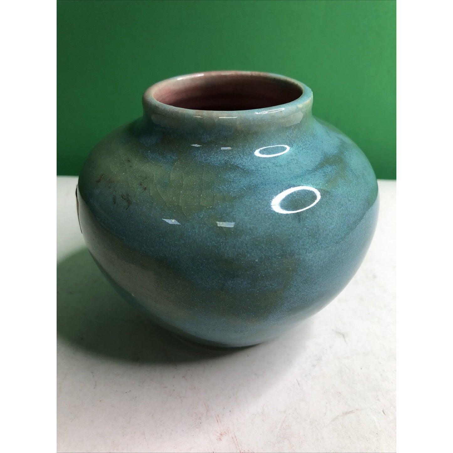 Vintage 1951 Stephen NC Pottery Cabinet Vase Blue Green Glaze Pink Interior