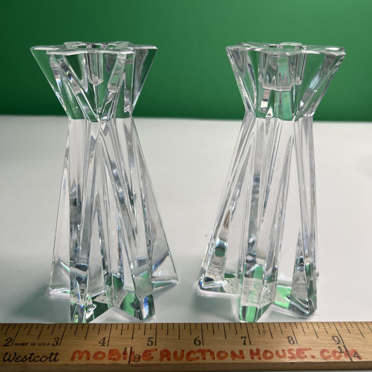 Vtg Pair Lenox Ovations Starfire Crystal Candlestick Holders Geometric Star Cut