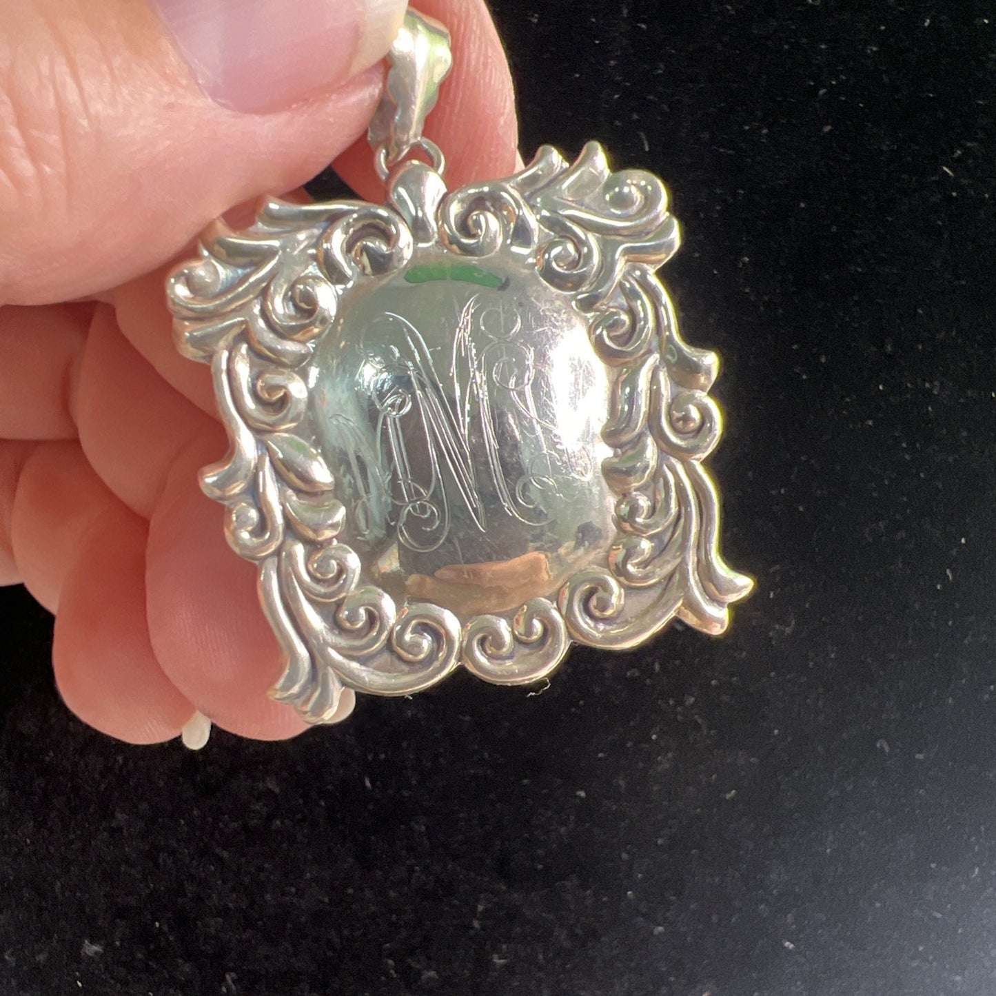 Vintage Sterling Silver Shield Medallion Pendant Monogrammed