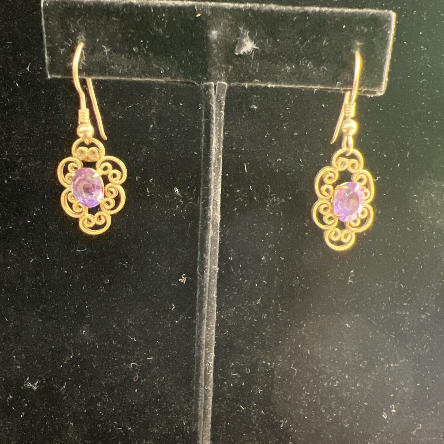 Vintage Artisan Gold Tone Purple Stone Hook Dangle Earrings French Wire