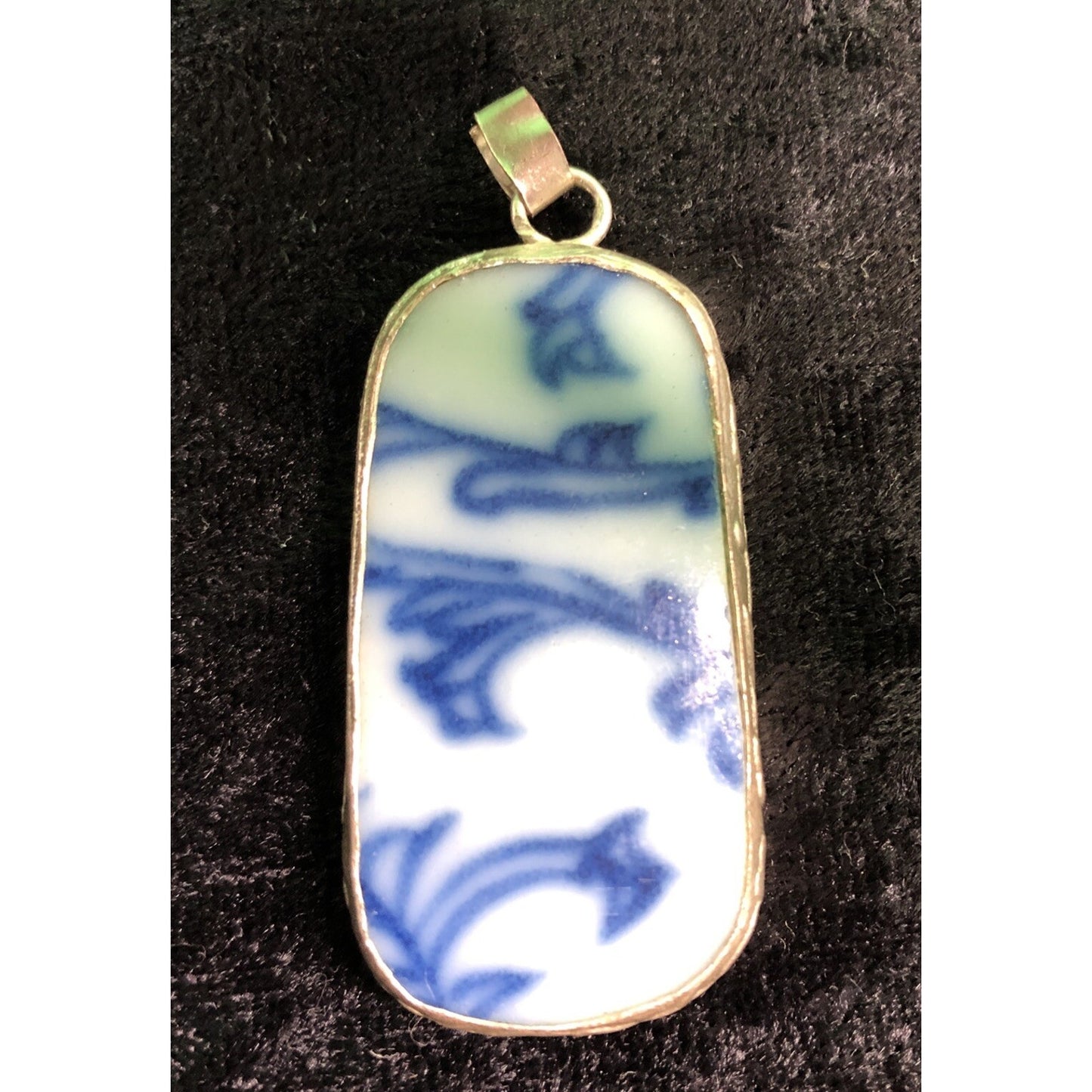 Pottery China Shard Pendant Encased In Stamped Metal Blue & White 1” Wide 2” Lon