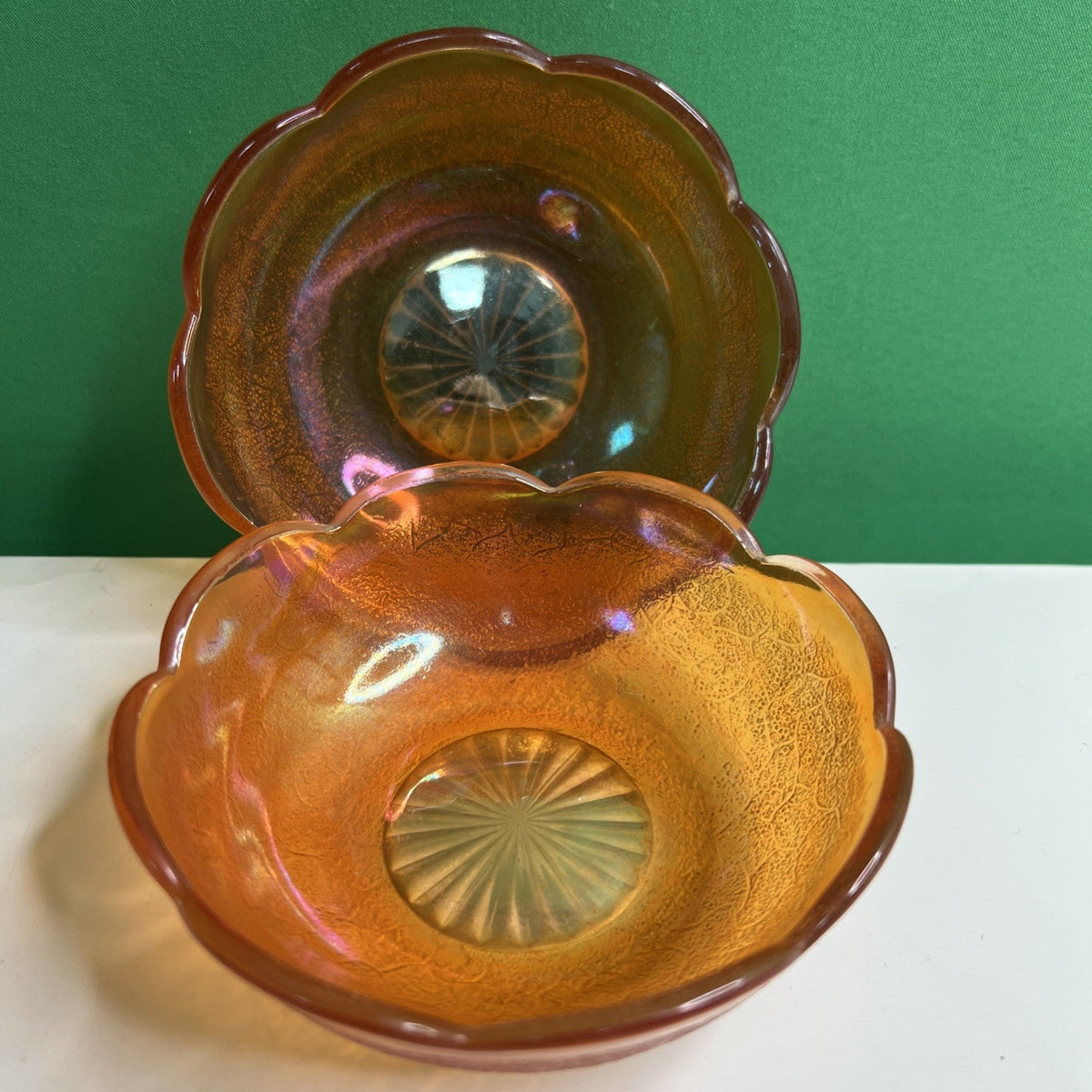 Pair Vintage Jeanette Marigold Iridescent Berry Bowls Crackle Carnival Glass 4"