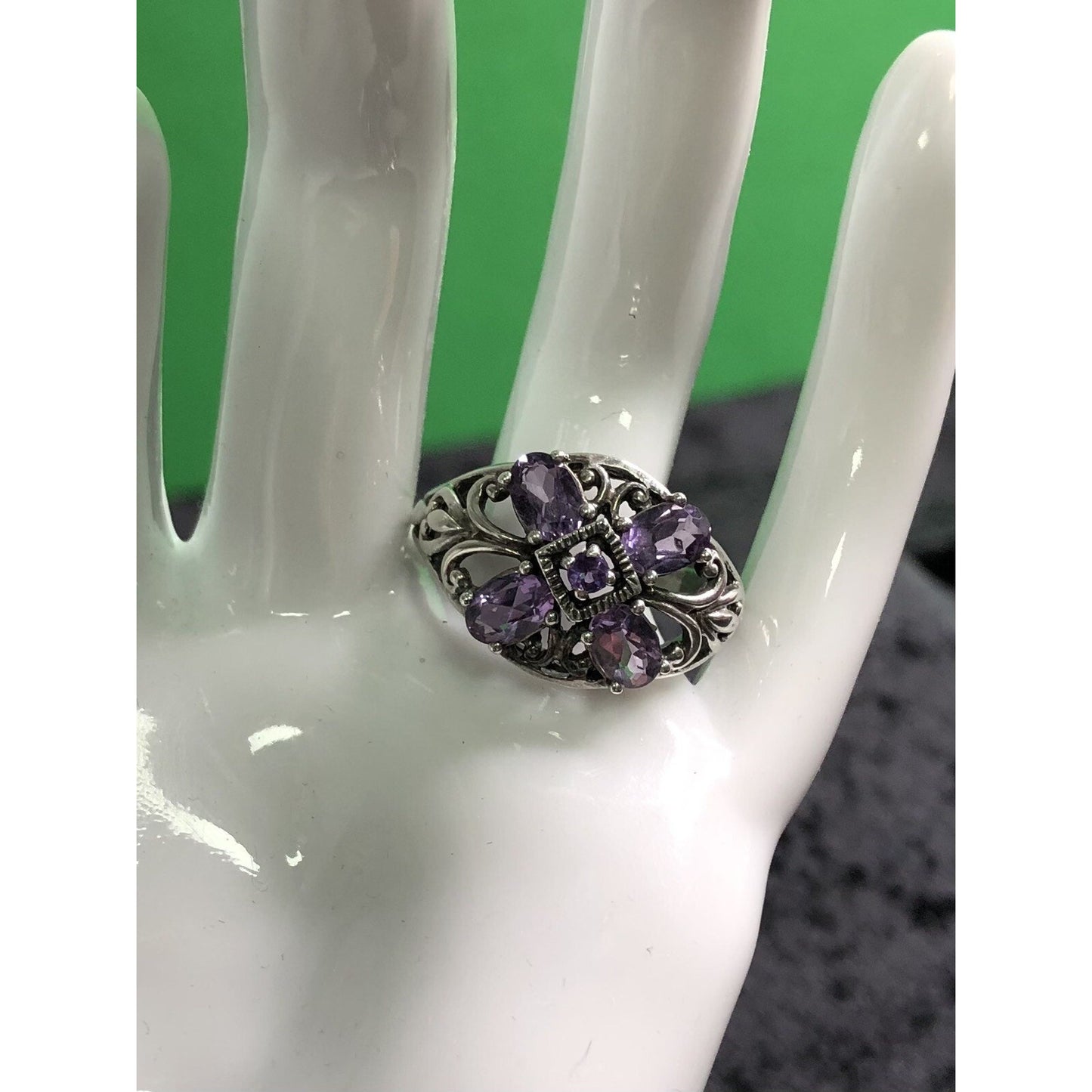 Amethyst Sterling Silver Ring Ornate Jewelry Size 9 Flower Spring Summer