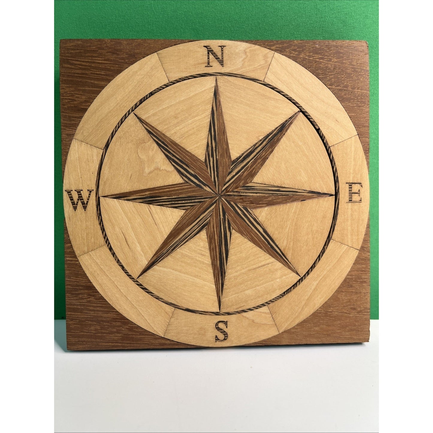 7” Square Wooden Nautical Compass Star Inlay Medallion Veneer